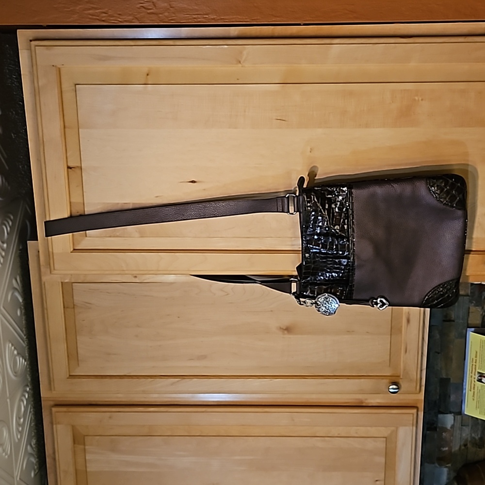 Brighton Peyton Brown Pebbled Leather Croc Patent Leather Large Crossbody Bag